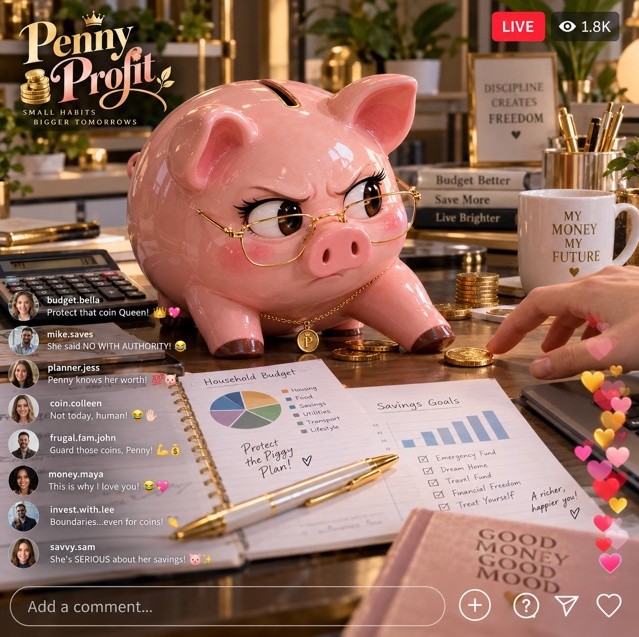Penny Profit live — a pink piggy bank guarding her coins next to a household budget